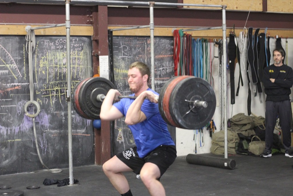 Joe W. with a narrow miss on a 300# power clean!